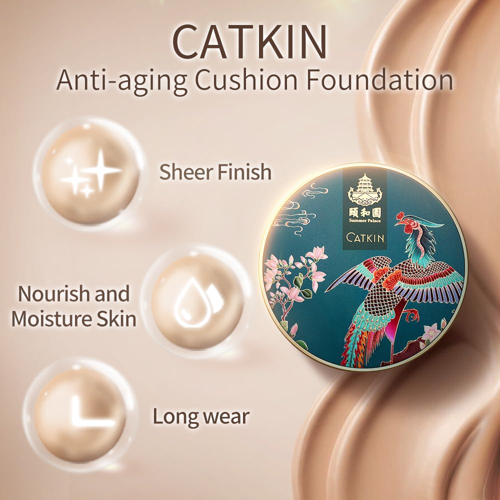 Catkin Phoenix Cushion Foundation Buildable Coverage Anti-Aging Serum Makeup, Sheer Satin Finish, Refill Included, Light Beige 0.46 Oz x 2, C01 NATURAL