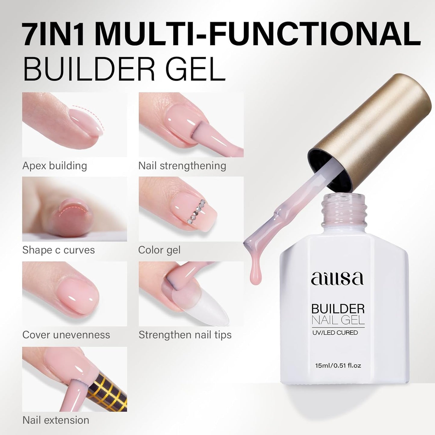 AILLSA Builder Gel for Nails Baby Pink 7 In 1 Hard Gel Polish for Nail Thickening Nude Color Strengthener Gels Nail Polish Light Pink Extension U V Gels for French Manicure Base Coat Need 0.51 Oz GB65