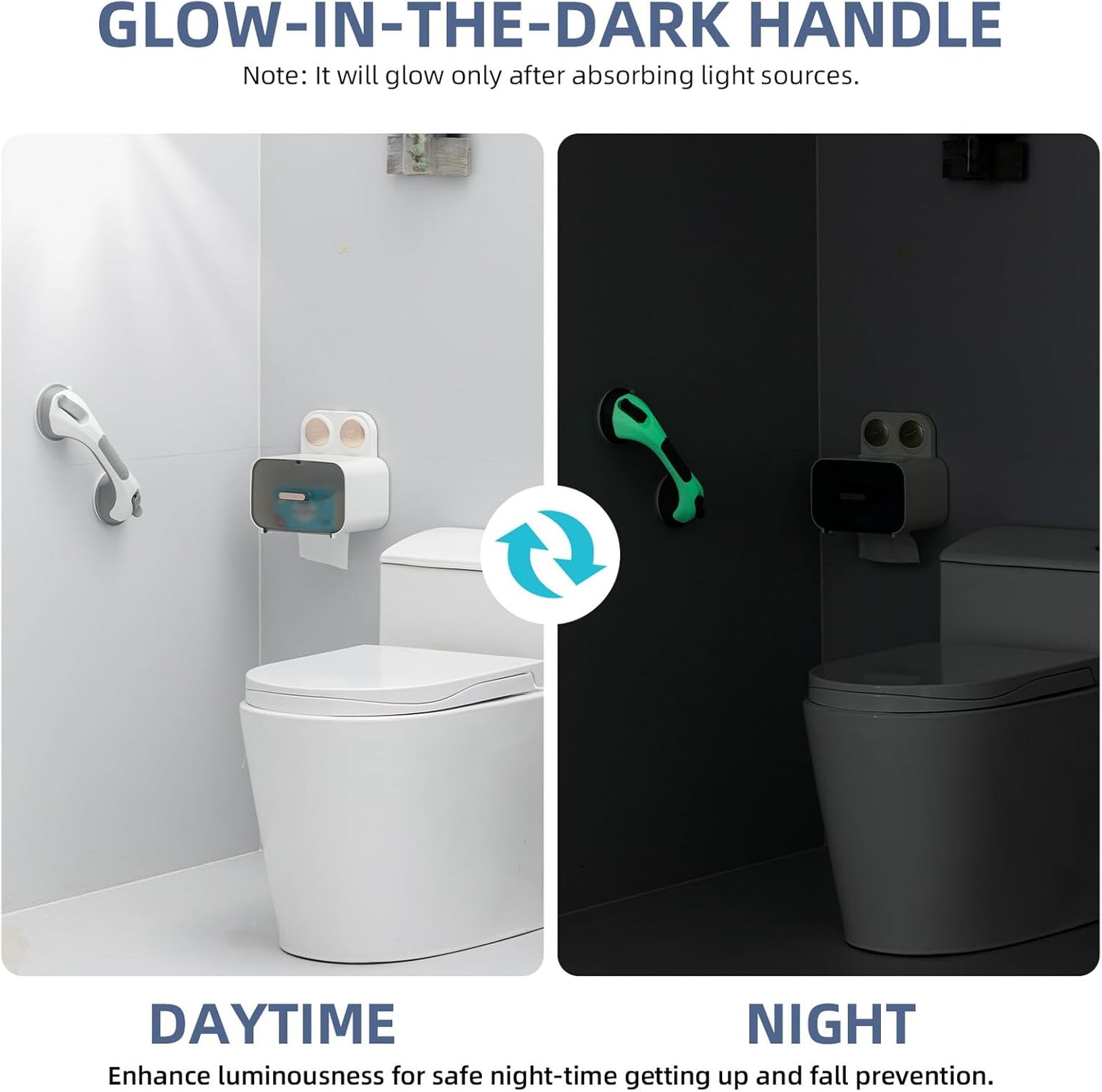 Grab Bars for Bathtubs and Showers 2 Pack Glow in The Dark, 12 inch Suction Grab Bar, Shower Handle Safety Grip Handrail for Seniors and Elderly, Removable Waterproof No Drilling, Grey