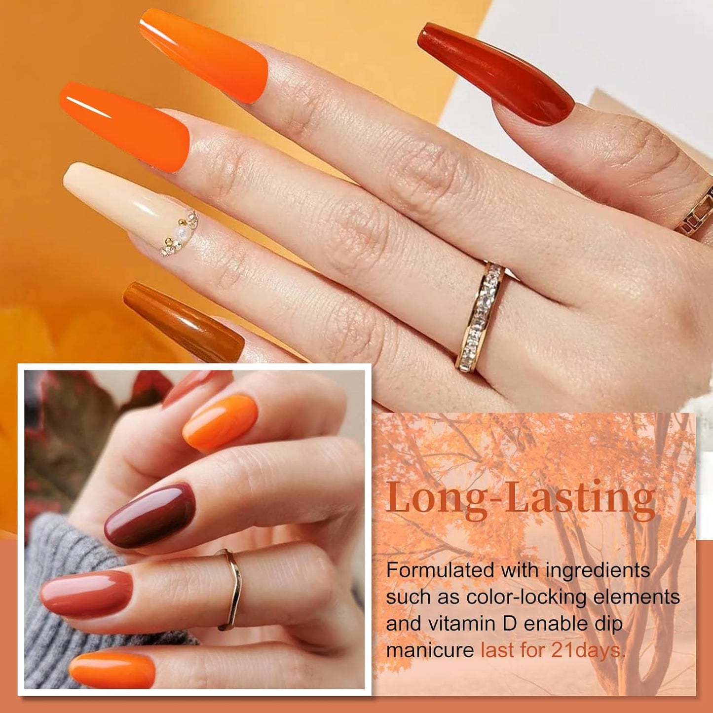 6 Colors Dip Powder Set, Orange Dark Red Wine Christmas Dipping Powder Color Set, Glossy Nail Art Manicure DIY Salon Home Gift for Ladies,YYSDDPS-02-6pcs