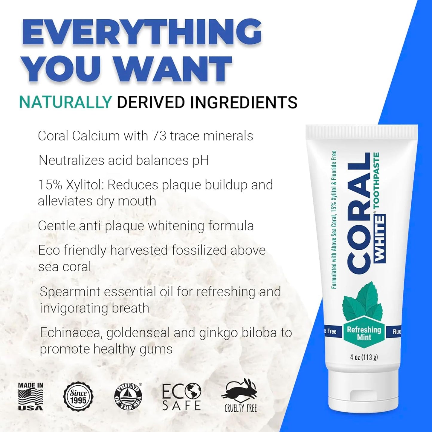 Coral White - Coral White Mint Toothpaste Natural Fluoride SLS Free Coral Calcium Remineralizing Toothpaste 4 Ounce (2 Pack)