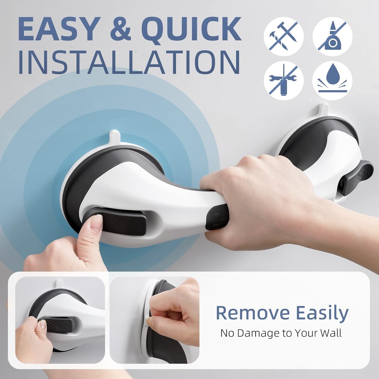 Grab Bars for Bathtubs and Showers 2 Pack Glow in The Dark, 12 inch Suction Grab Bar, Shower Handle Safety Grip Handrail for Seniors and Elderly, Removable Waterproof No Drilling, Black