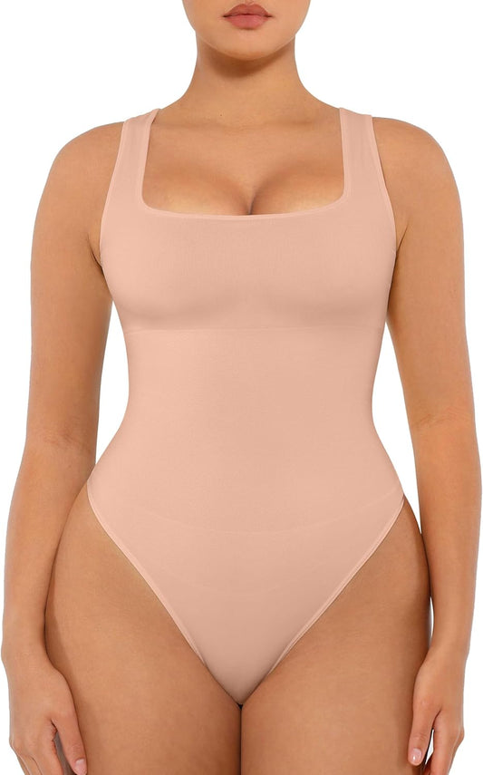 FeelinGirl Bodysuits for Women Seamless Square Neck Tummy Control Compression Thong Shapewear Bodysuit Tank Tops Bodysuit