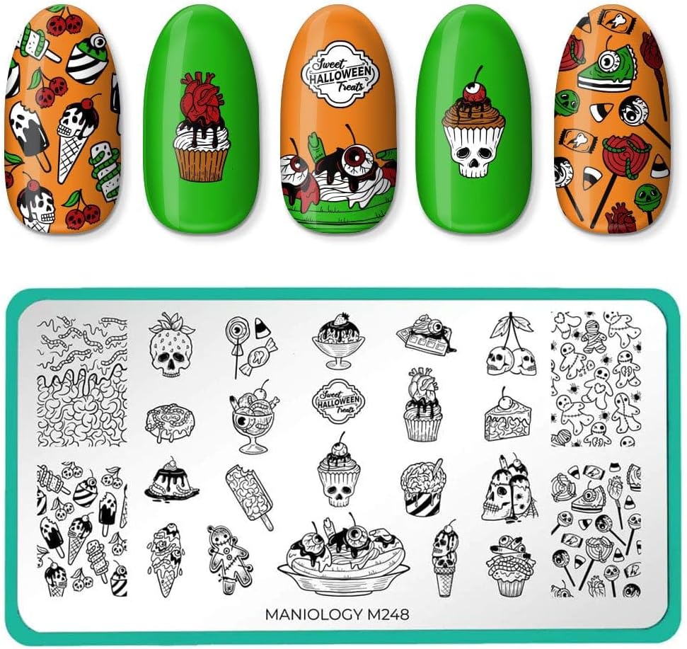 Maniology Creepy Cute Nail Stamping Plate Set, Halloween Plates Bundle (Fright Night (M032), Ghosted (M056), Bad to The Bone (M158), Halloween Treats (M248))