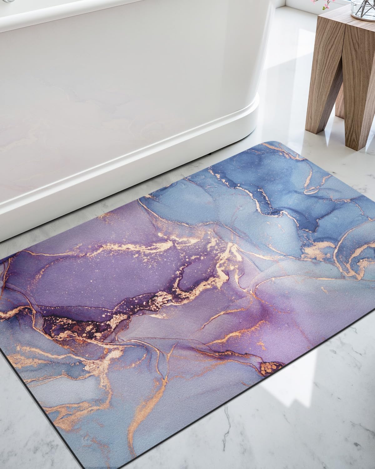 DEXI Bathroom Mat Ultra Thin, Non Slip Bath Rug for Shower Floor, Absorbent Quick Dry Marble Bathmats Low Profile, 16x24, Blue and Purple