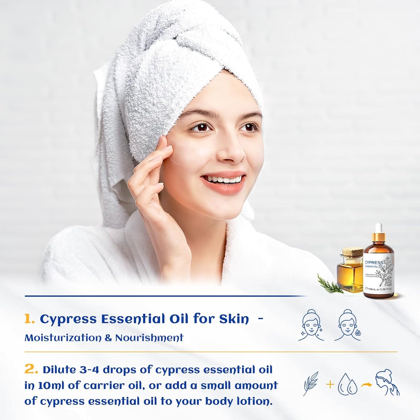 HIQILI 100ML Cypress Essential Oil, 100% Natural for Diffuser, Skin Care, Includes 10ML Travel Bottle - 3.38 Fl Oz