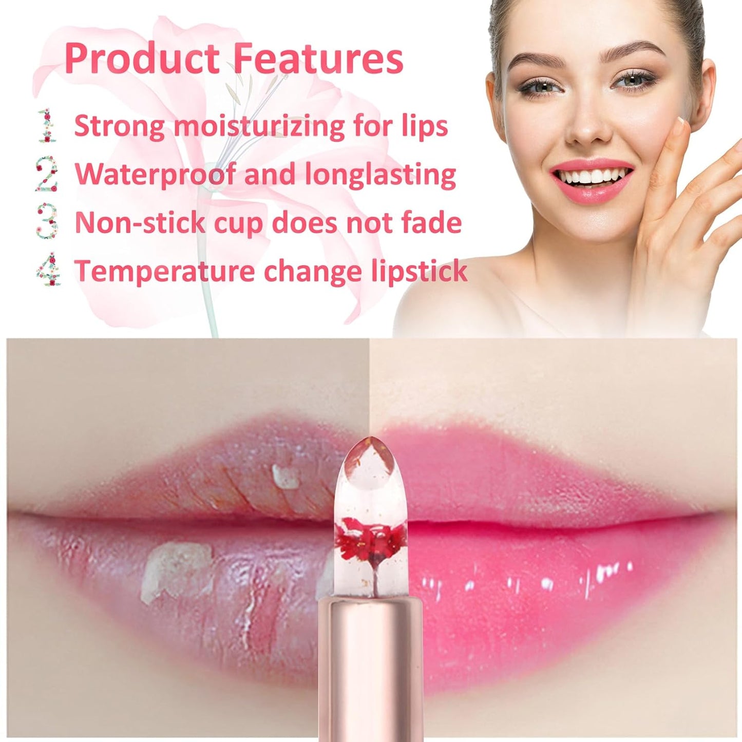 2 Pack Crystal Flower Jelly Lipstick,Magic Color Changing Lipstick,PH Clear Temperature Color Changing Lip Gloss,Lip Balm,Long Lasting Nourishing Moisturizing Lip Stick Set D01+02