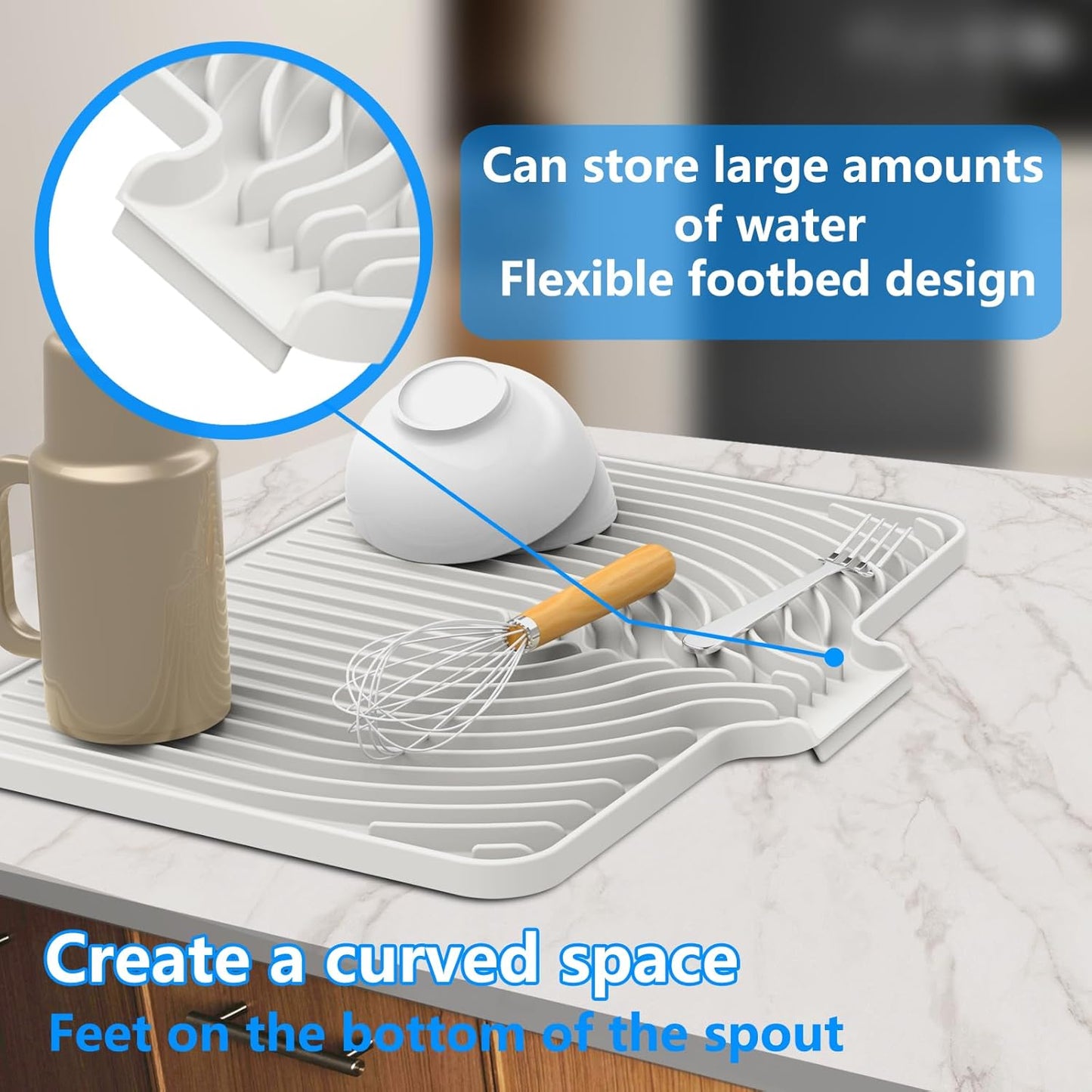 Dish Drying Matt for Kitchen Counter,18"×12"Silicone Dry Rack Mat with Built in Drain, Kitchen Dry Mats for Dishes Drying Pad for Counter(White)