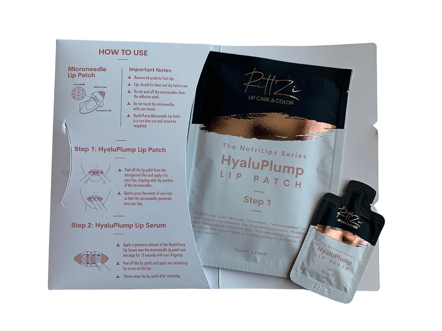 HyaluPlump Lips – Innovative Two-Step Lip Care System Featuring 800 Self-Dissolving Microneedles made from Sodium Hyaluronate, Niacinamide, and Peptides for Hydrated, Plump Lips