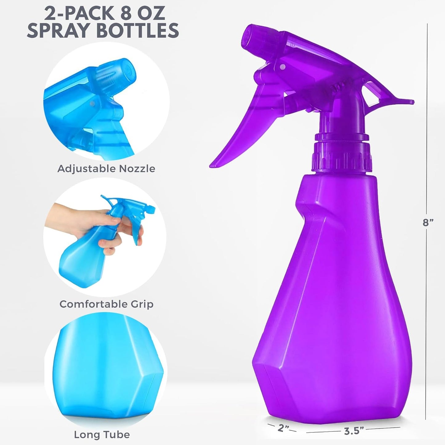 DilaBee (8oz 2-Pack Plastic Spray Bottle - Water Spray Bottle for Hair, Cooking, Cat Training & Cleaning Solution, Plant Misters for Inside & Outside - Spritzer Bottles for BBQ BPA-Free. Blue-Purple