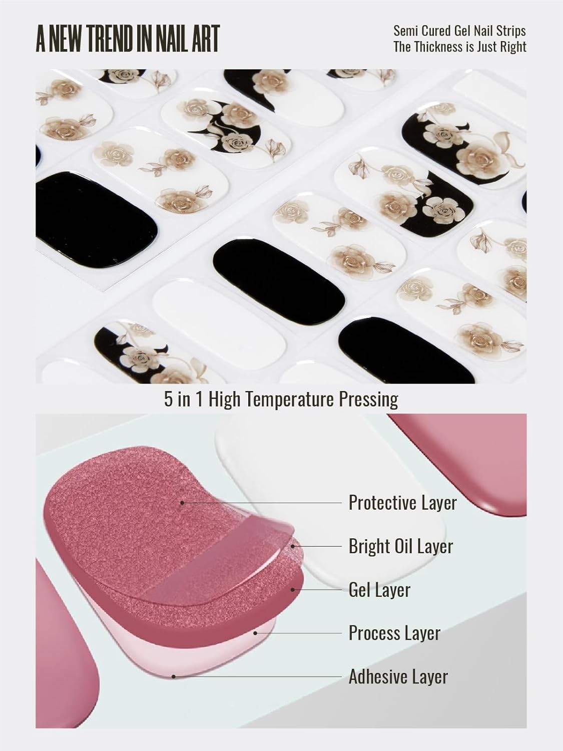 Semi Cured Gel Nail Strips, 30 pcs Gel Nail Wraps, Easy to Apply, Salon-Quality, 2 Weeks Long Lasting (Noir Gold Petal Party)