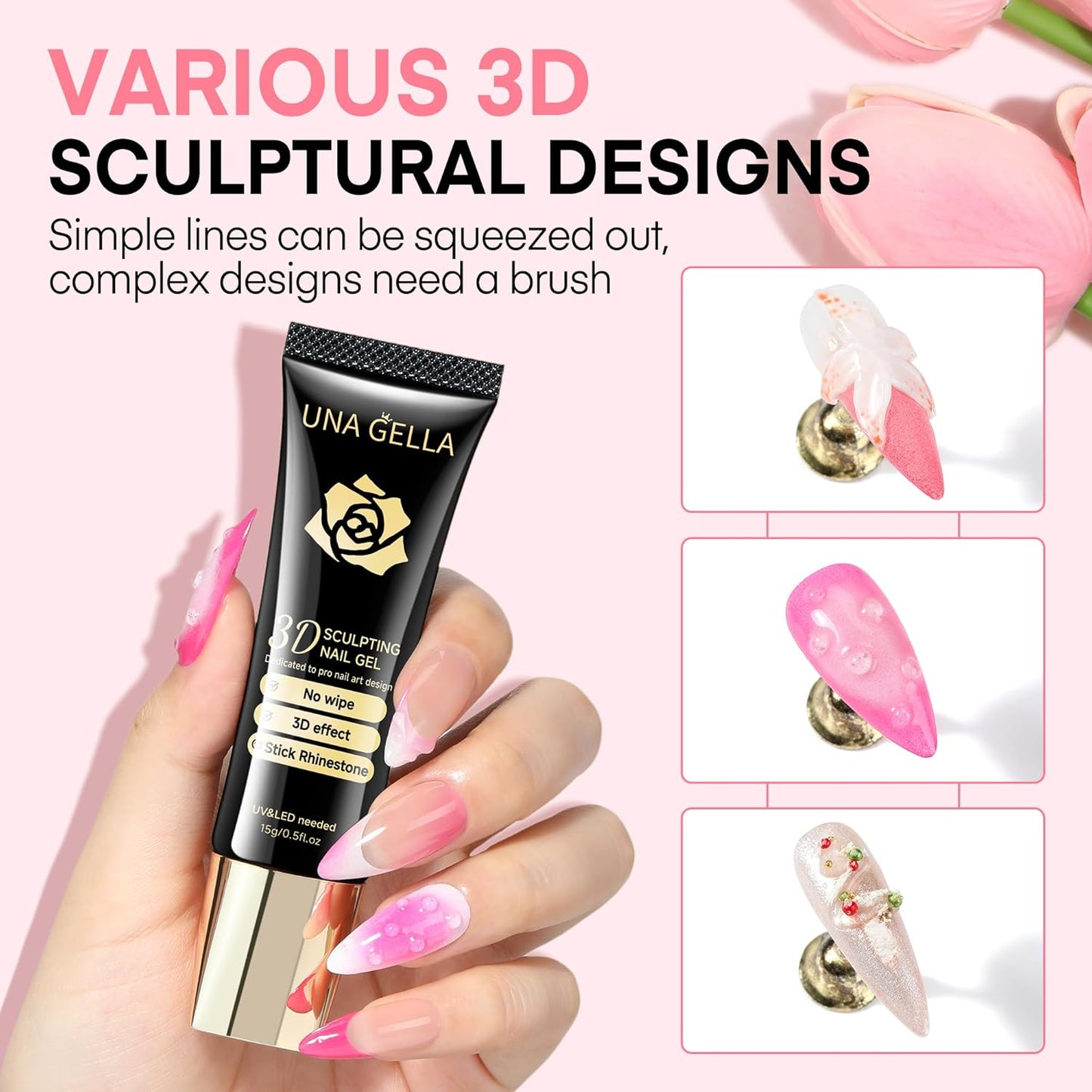 UNA GELLA 3D Gel Nail Art, 3D Nail Gel Sculpting G el Glue 15g 4 in 1 No Wipe Clear Nail Polish for Nails Tips, Chrome Powder, Nail Charms Gems, Drawing, Molding and DIY Nail Art Lamp Curing Needed