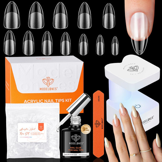 modelones Medium Almond Gel Nail Tips Kit, 9-in-One Nail Glue with Portable U V Lamp 216Pcs 12Sizes Pre-Etched Press ons Fake Acrylic Extension Kit DIY Salon Gift for Women