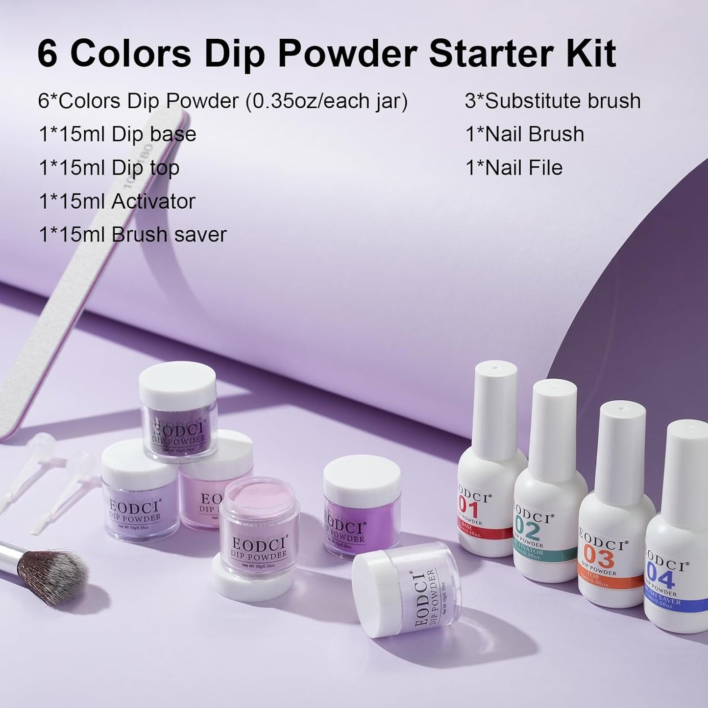 Dip Powder Nail Set, 6 Colors Purple Series 12 Pcs Dipping Powder Kit With Base & Top Coat/Activator/Brush Saver,Nail Art Dip Manicure Kits Odor-Free&Long-Lasting, No Needed Nail Lamp Curing