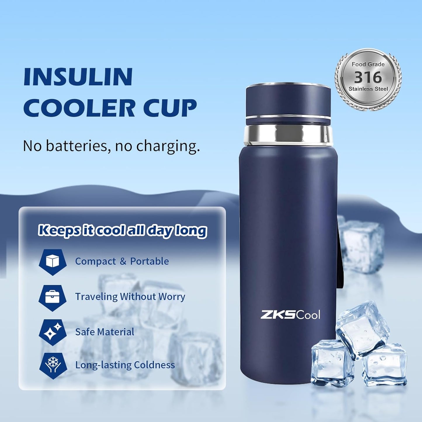 Insulin Cooler Travel Case – TSA Approved 24H Medication Cooler, Large Capacity Fits 3–5 Pens with Reusable Ice Pack – Lightweight Diabetes Travel Bag for Medications (Blue)