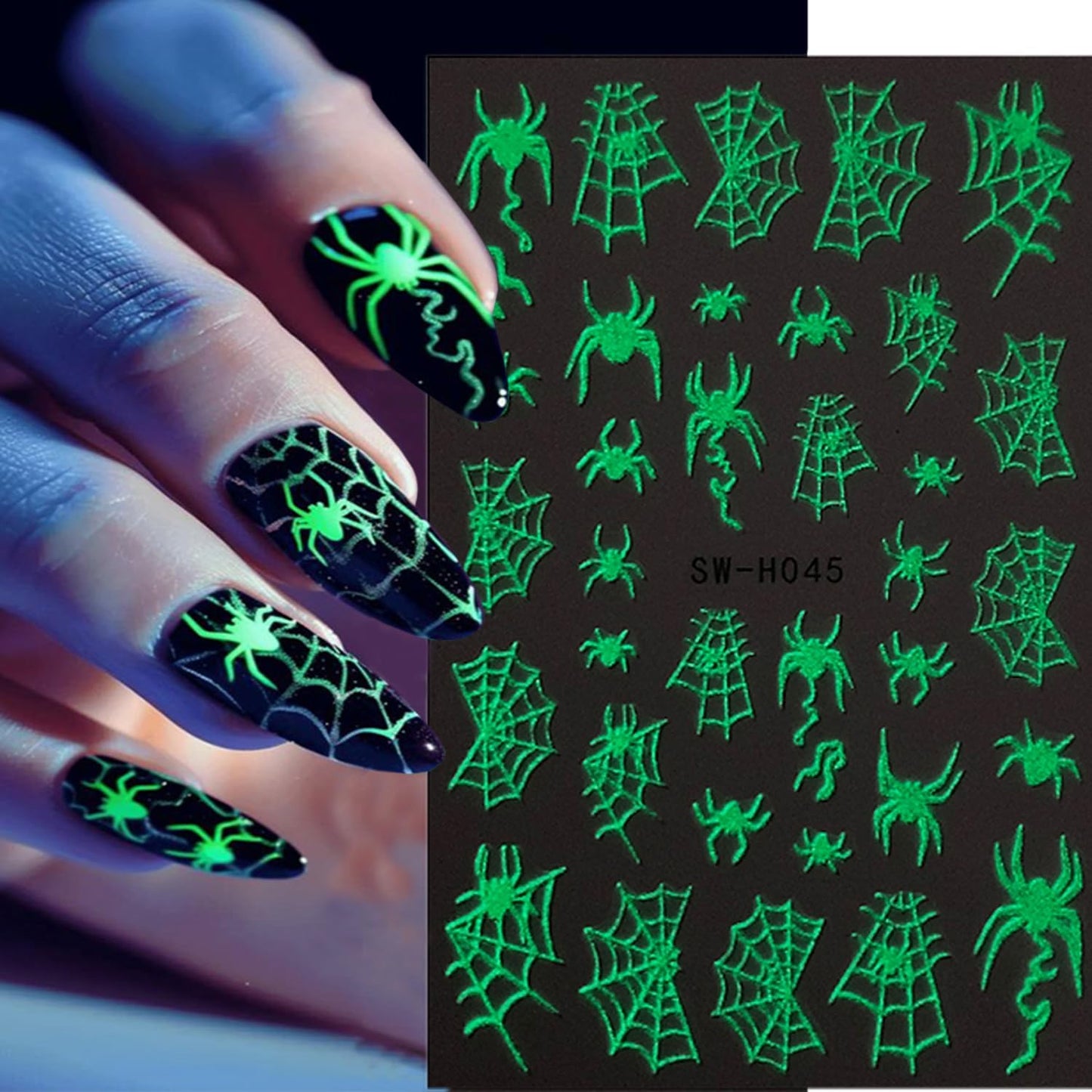6 Sheets Halloween Nail Decals for Nail Art Glow in The Dark Spider Web Skeleton Nail Art Stickers Hand Bones Skull Nail Stickers 3D Self-Adhesive Spider Nail Supplies for Women Holiday Nails Designs