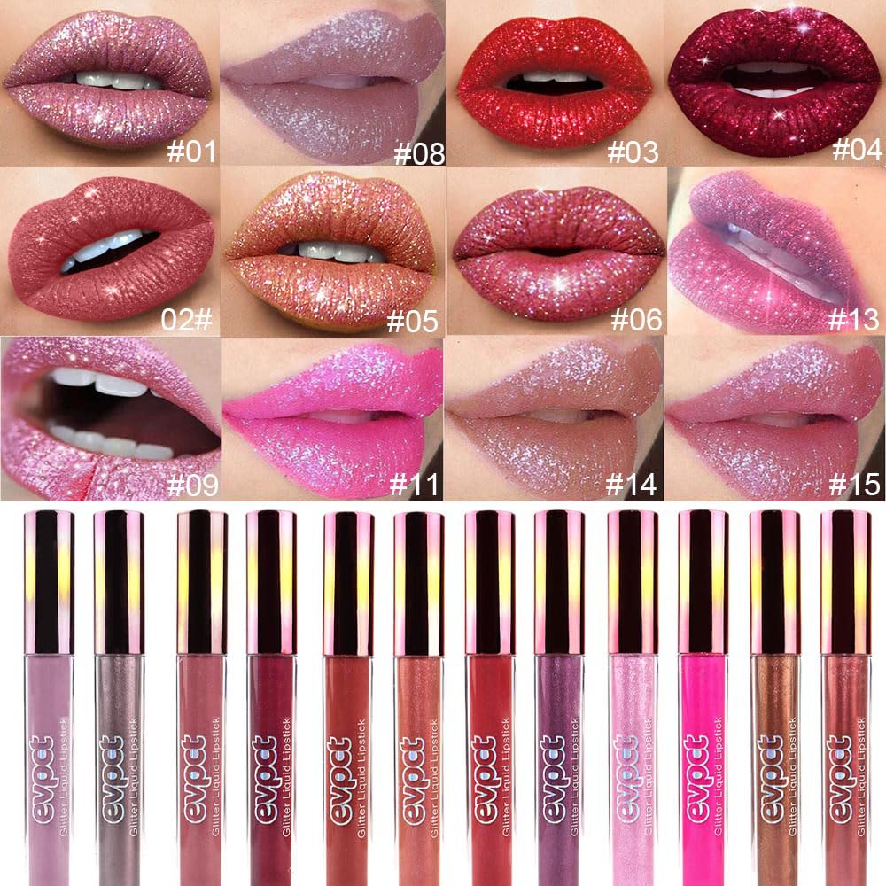 evpct 2Pcs Mauve Red & Bronze Gold Matte to Glitter Liquid Lipstick Long Lasting Lip Set Kit for Women Diamond Shiny Glitter Sparkly Glossy Metallic Shimmer Sparkle Waterproof Lipstick Lip Gloss 02+05
