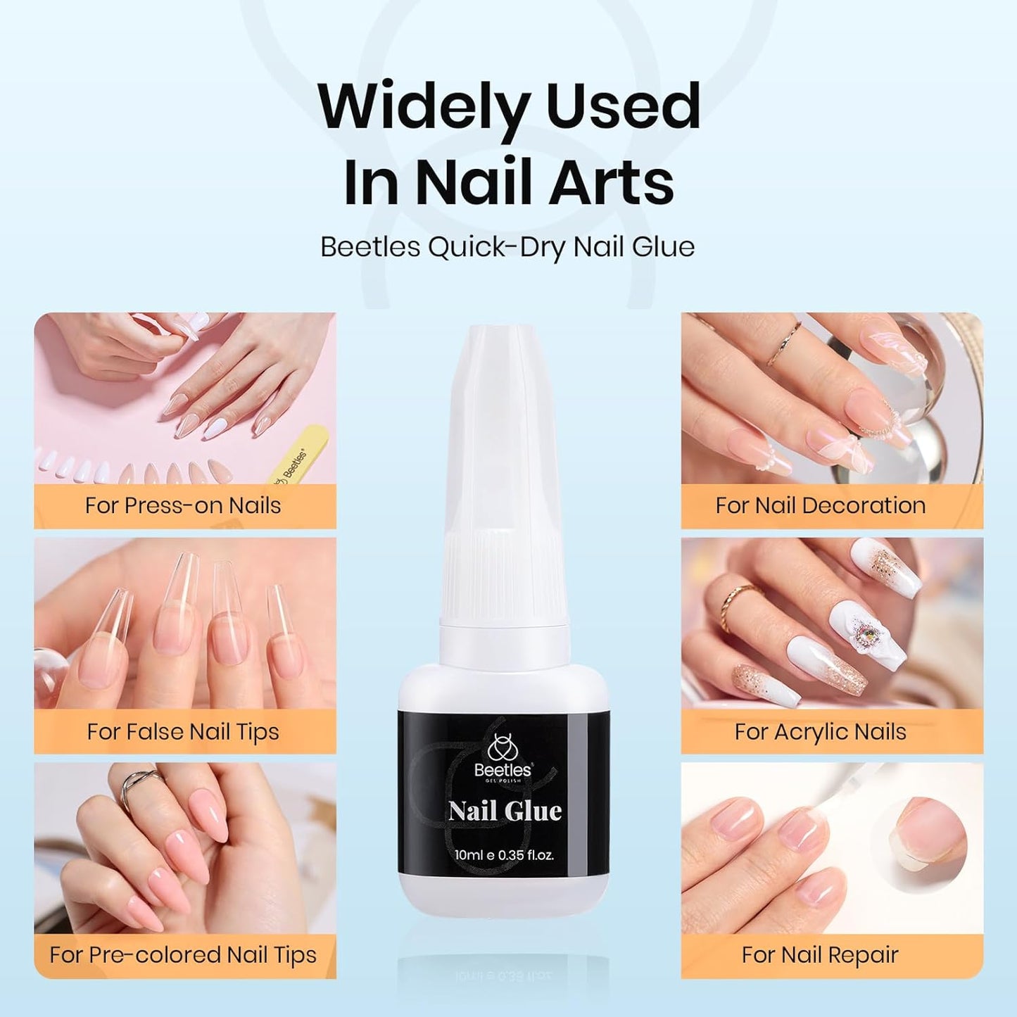 Beetles Nail Glue with Glue Remover Kit, 2 * 10ML Super Strong Easy to Remove Off Fake Nails Adhesive Remover with Cuticle Pusher