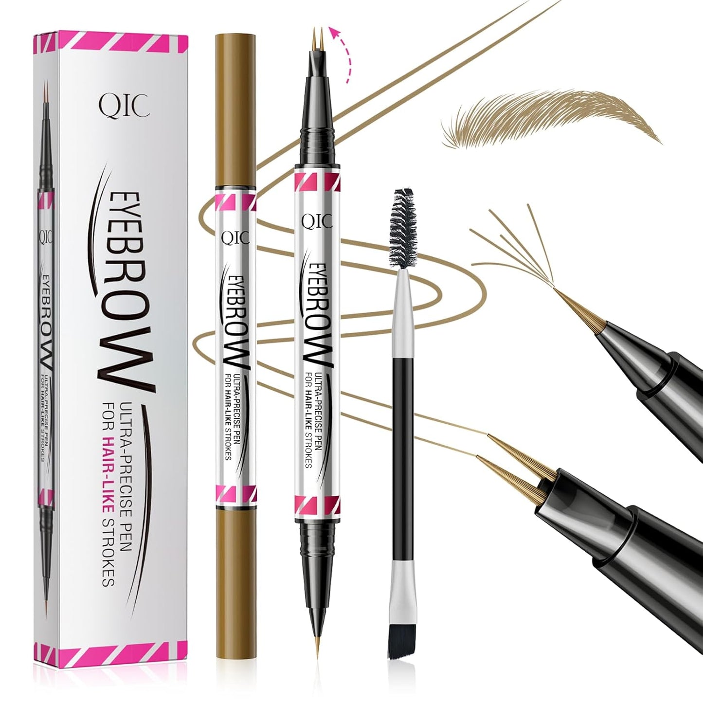 2 Pack Eyebrow Pen, Brow Pencil 2-in-1 Dual-Ended Microblading Eyebrow Pencil with 2-Fork-Tip and Precise Brush-Tip, Waterproof Long Lasting Eyebrow Pen for Natural Hair-Like Brows(Light Brown*2)