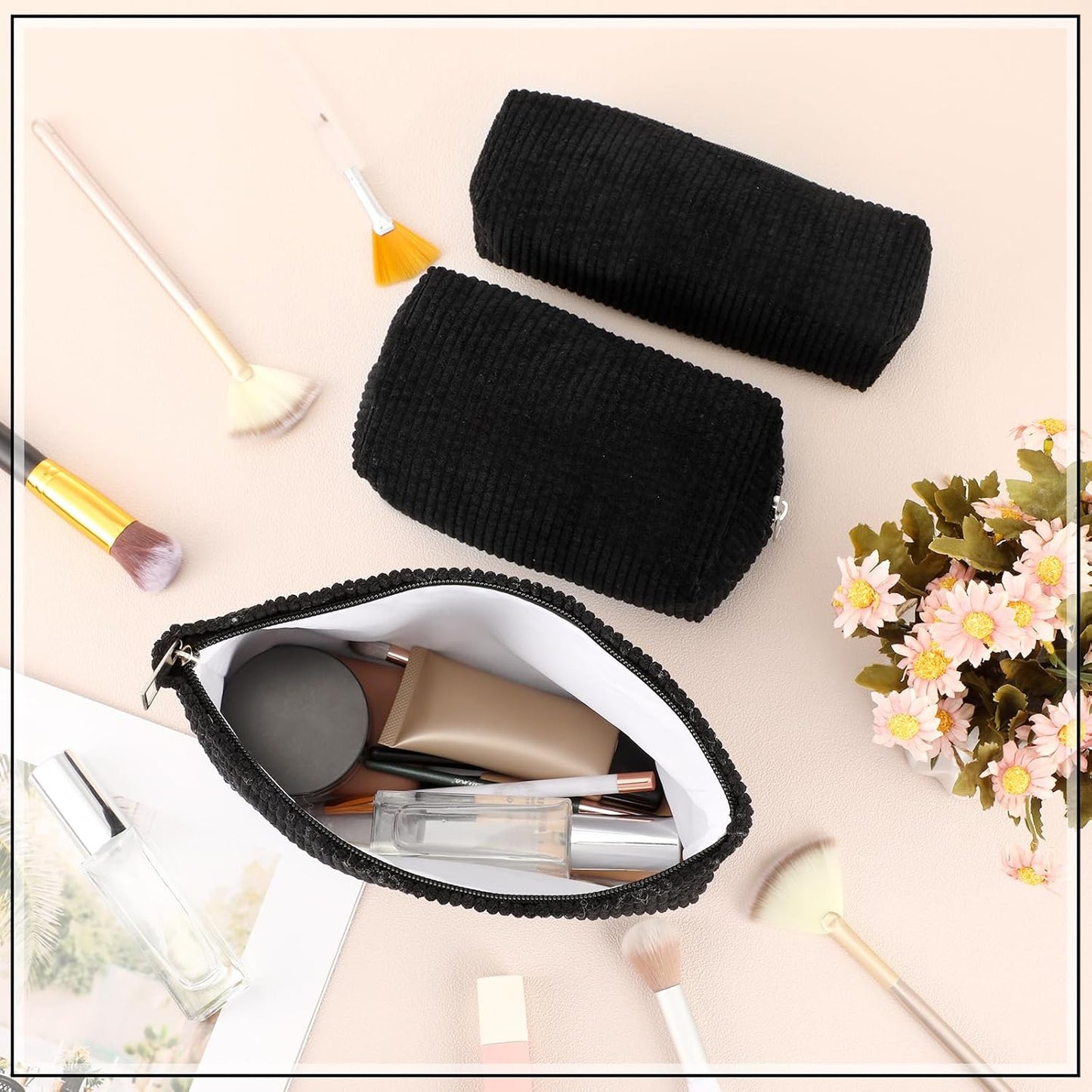 3 Pcs Makeup Bag Set for Women Corduroy Cosmetic Pouch Aesthetic Smile Travel Toiletry Bag Cute Purse Pouch Pencil Case Makeup Brushes Storage Organizer for Christmas(Black,Solid Style)
