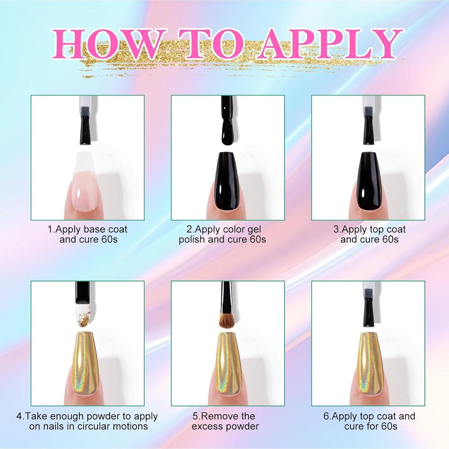 NXJ INFILILA Holographic Chrome Nail Powder, 4 Colors Gold, Silver, Pink, Green Rainbow Unicorn Iridescent Glitter Pigment Dust for Nail Art Design Professional Salon & Home Use