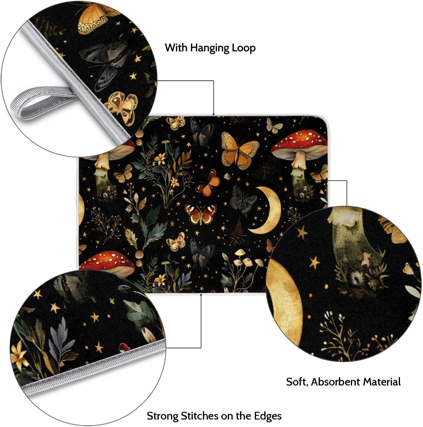 Hexteria Mushrooms and Butterflies Dish Drying Mat for Kitchen Counter Microfiber Absorbent Dish Draining Reusable Washable Foldable Extra Large 18"x24"