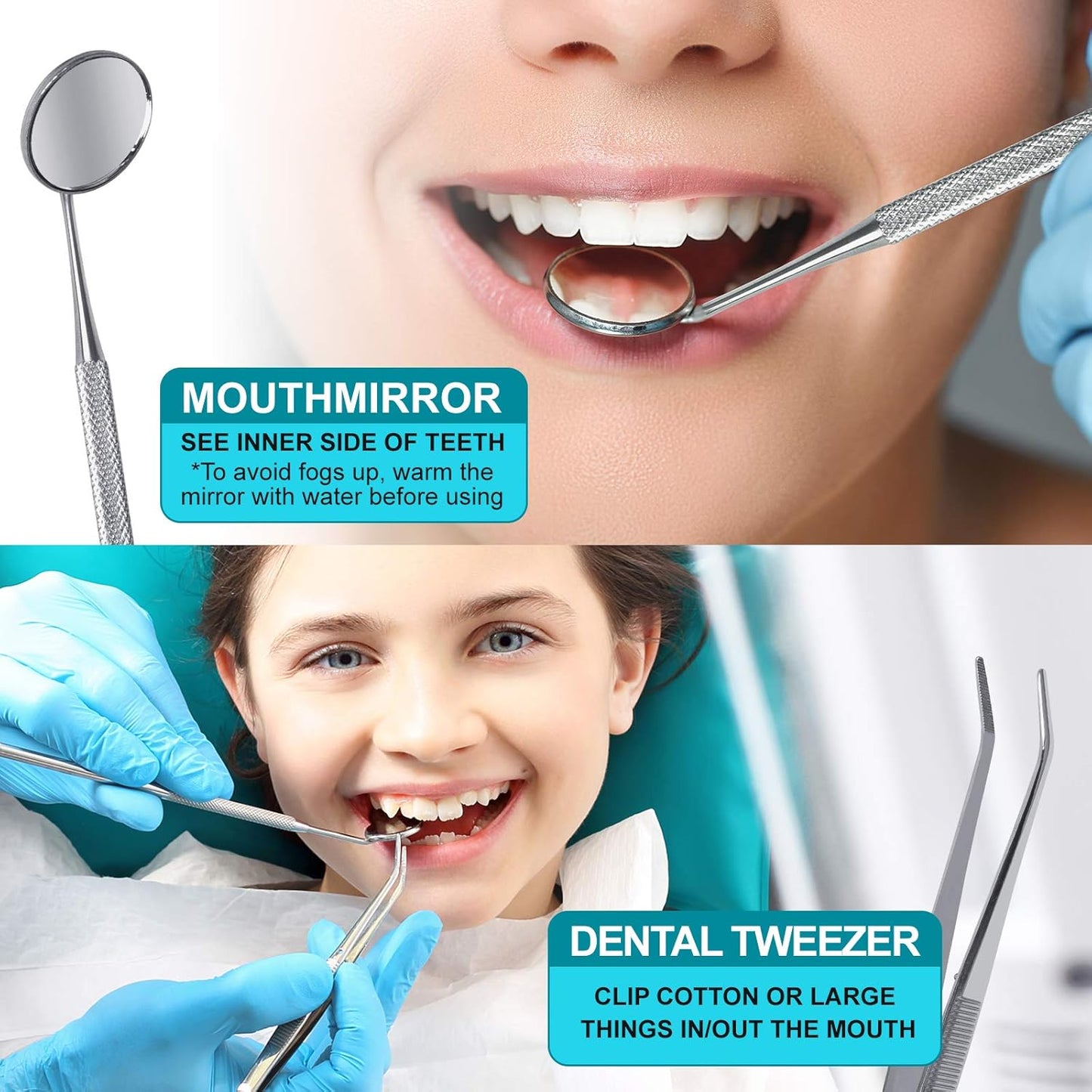 Dental Tools, 6-Pack Stainless Steel Teeth Cleaning Kit - Dental Scraper, Pick, Mouth Mirror, Tweezer for Dentist, Personal, Pets - Tartar & Plaque Removal