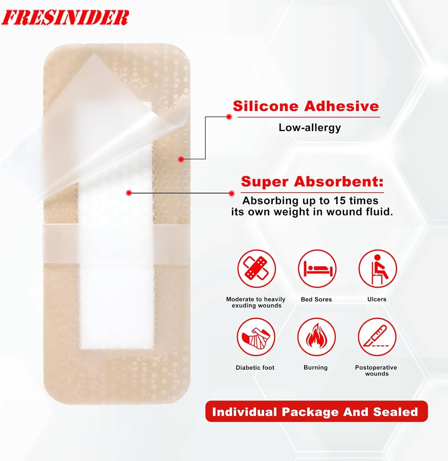 FRESINIDER 4" x 8" Pack of 5 Silicone Foam Wound Dressing - Waterproof Adhesive Bandages with Bordered - Super Absorbent & Breathable for Optimal Wound Care