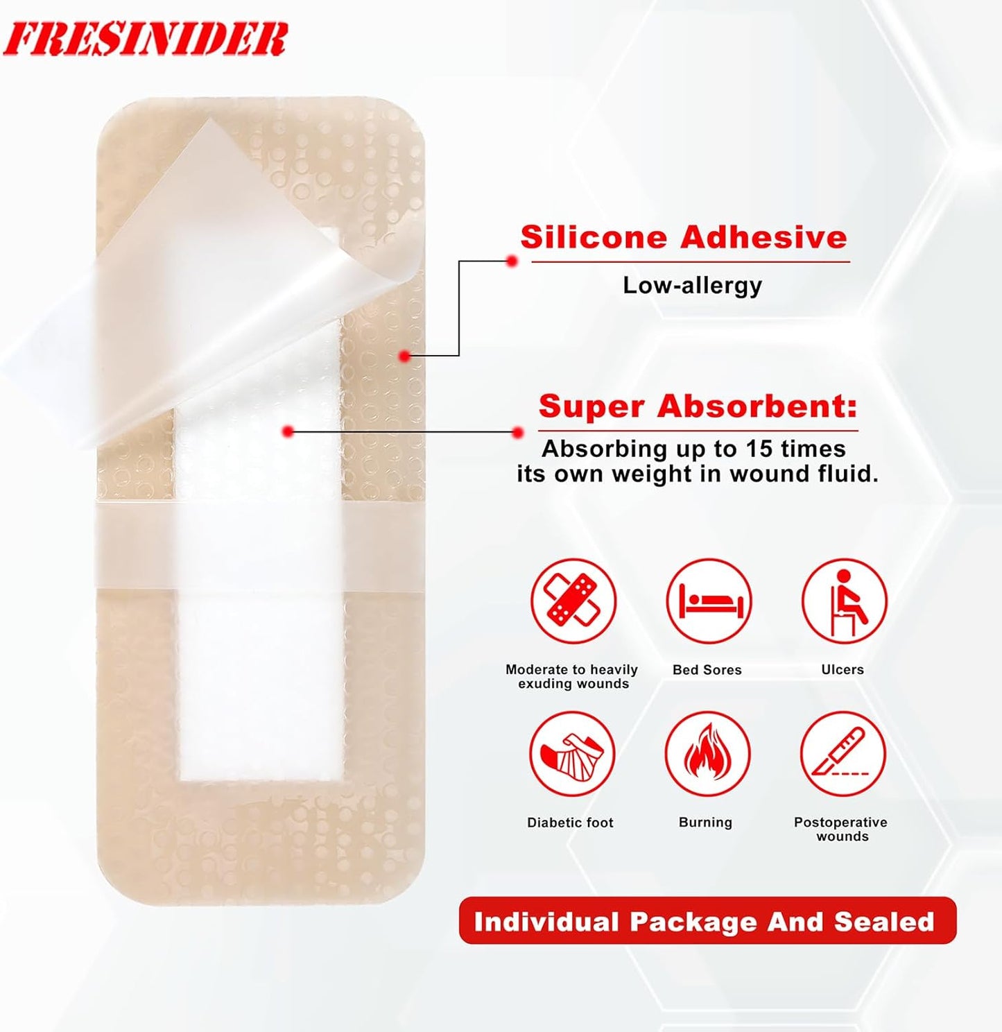 FRESINIDER 4" x 8" Pack of 10 Silicone Foam Wound Dressing - Waterproof Adhesive Bandages with Bordered - Super Absorbent & Breathable for Optimal Wound Care