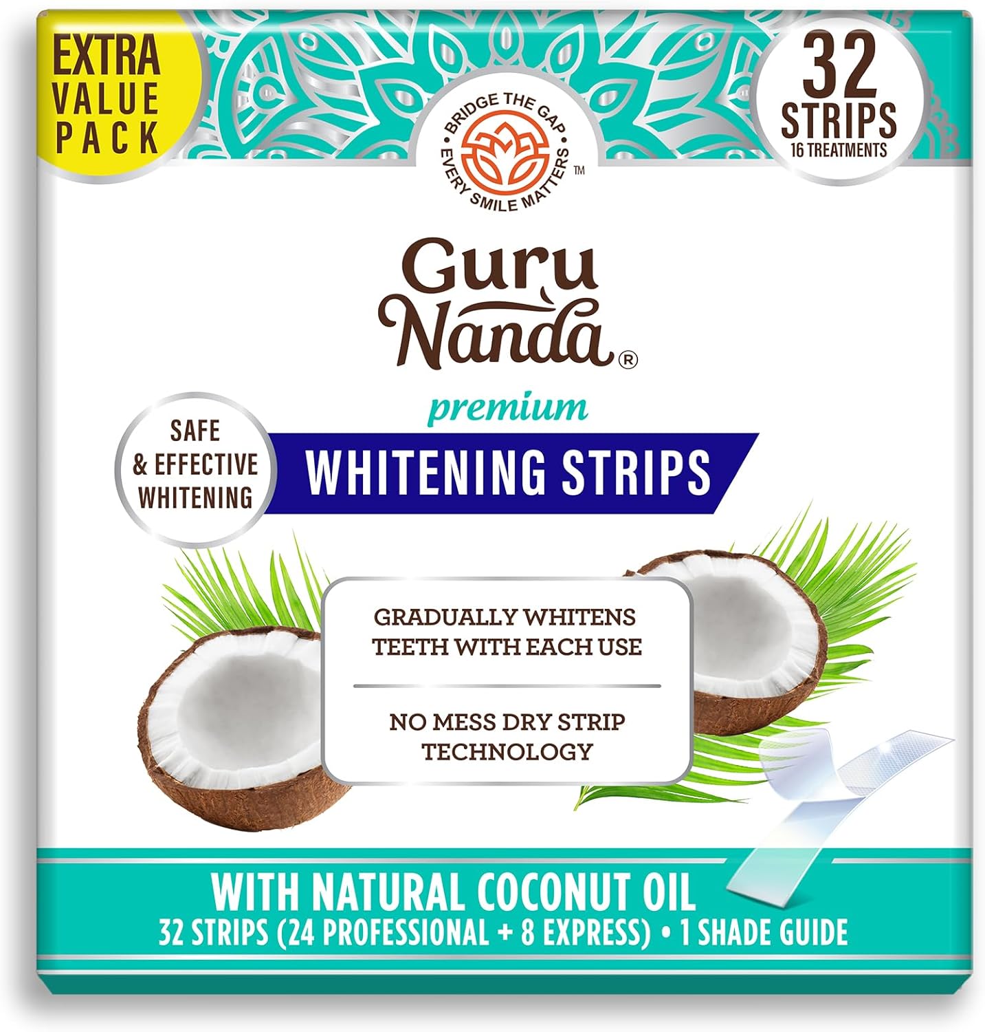 GuruNanda Teeth Whitening Strips - 16-Day Treatment with Non-Slip, Dry Strip Technology - Whitening Designed with Care for a Brighter Smile