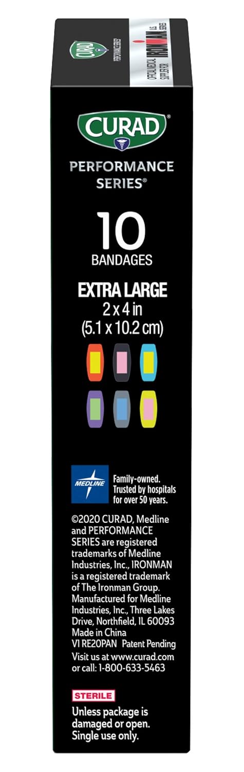 CURAD Performance Series IRONMAN Antibacterial Bandages, Extreme Hold Adhesive Technology, Extra Large Flexible Fabric Bandages for Cuts, Scrapes, & Burns, Assorted Colors, 2 x 4 inches, 10 Count