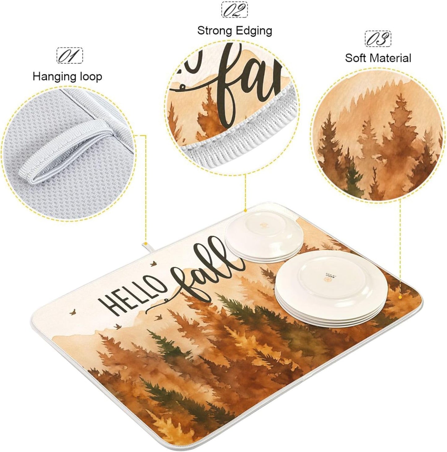 Hello Fall Forest Dish Drying Mat for Kitchen Countertop 16x18 Autumn Pine Tree Small Drying Mat Reusable Quick Dry Dish Sink Mats Easy Clean Decorative Essentials