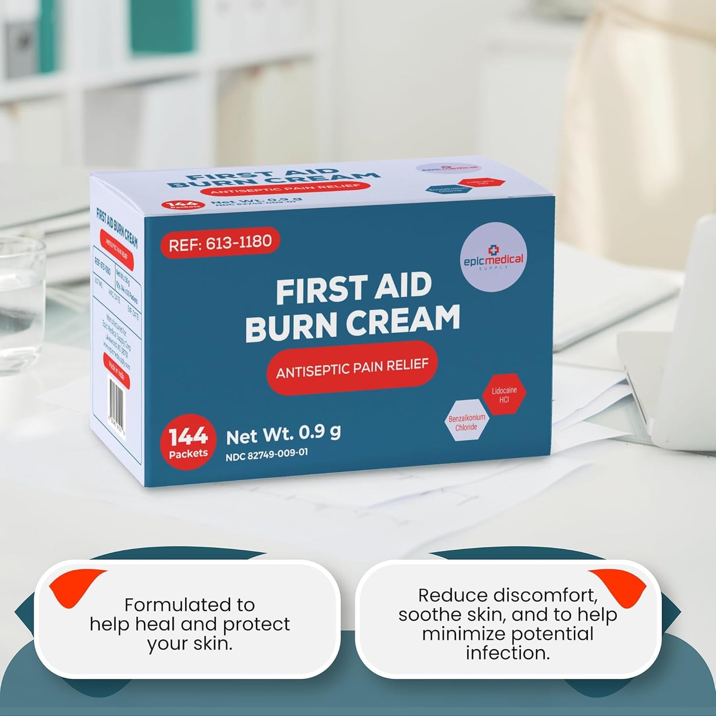 First Aid Burn Cream Packets Box of 144, Burn Ointment with Lidocaine and Benzalkonium Chloride for Minor Scrapes, Cuts, and Skin Irritations, Home and Medical Skincare