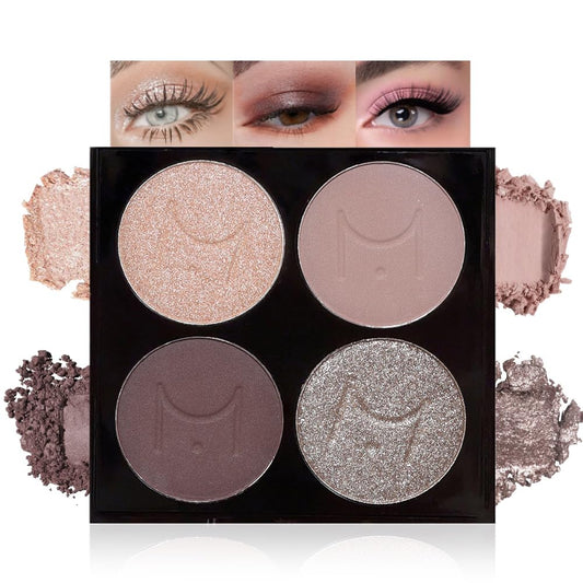4 Colors Matte & Metallic Shimmer Eyeshadow, Velvety Creamy Formula Eye Makeup, Highly Pigmented, Blendable Nude Champagne Gold,Light&Dark Brown Eyeshadows for Women A Built-In Mirror 02#