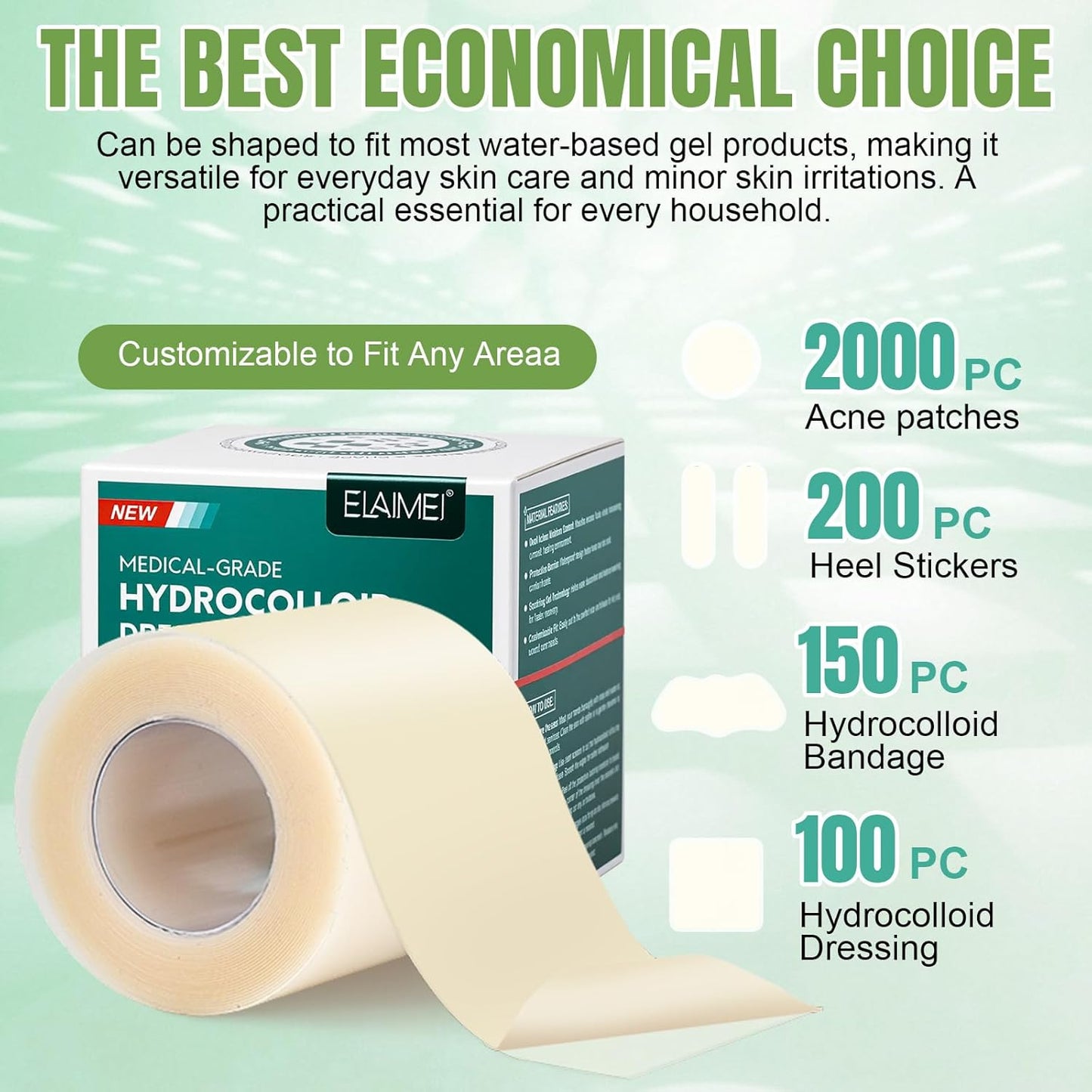 Hydrocolloid Bandages Roll for Wound Care Cut to Size Wound Dressing Hydrocolloid Patch Bandages with Self-Adhesive for Burn, Blister, Acne Care, Sterile and Waterproof (2in X 12ft)