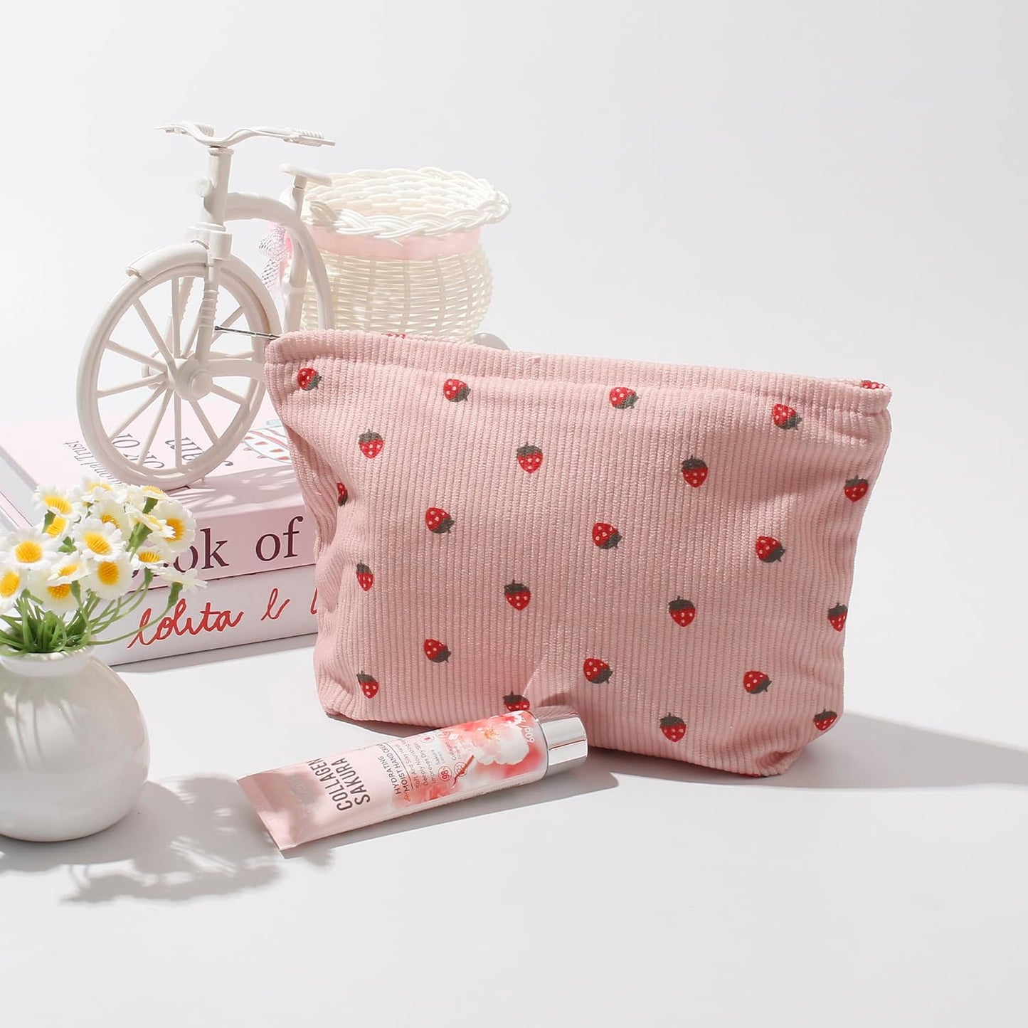 Cosmetic Bags for Women - Corduroy Cosmetic Bag Aesthetic Women Handbags Purses Smile Dots Makeup Organizer Storage Makeup Bag Girls Case Bags (Flowers-Pink strawberry)