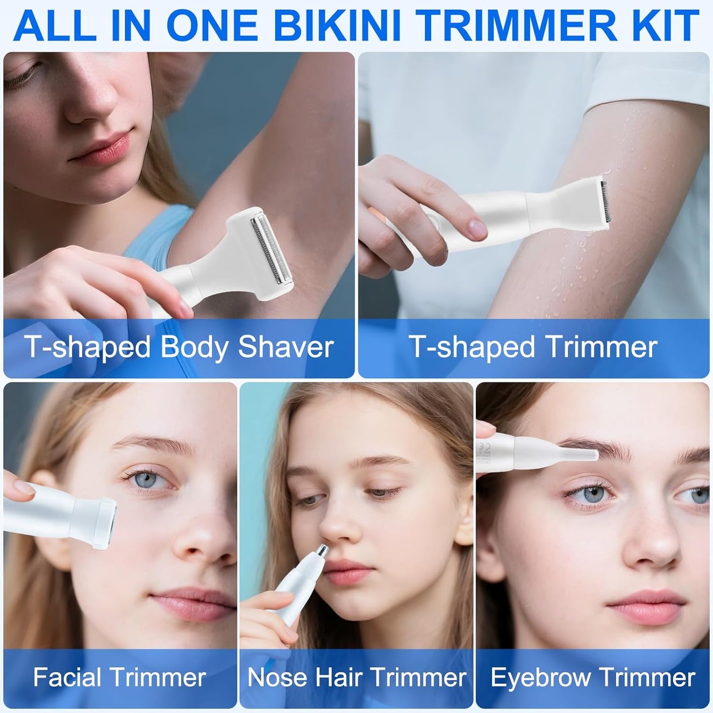 5-in-1 Bikini Trimmer for Women, IPX7 Waterproof Rechargeable Electric Razors Shaver, Cordless Body Hair Trimmer with LED Display for Nose Eyebrows Beard Underarm Leg Arm, Easy Cleaning Grooming Kit
