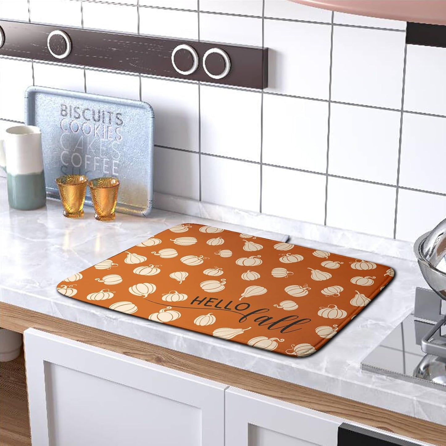 Hello Fall Drying Mat for Kitchen Counter Autumn Orange Pumpkin Dry Dish Mat Thanksgiving Absorbent Microfiber Dish Draining Washable Dish Drainer Rack Mat Large 18x24 Inch