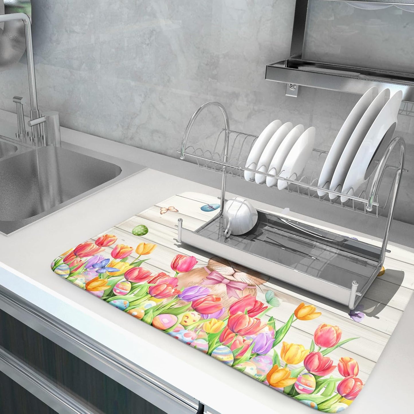 Easter Bunny Dish Drying Mat 18x24 inch Eggs Floral Fast Drying Pad Washable Reversible Microfiber Dish Drainer Mats for Kitchen Counter