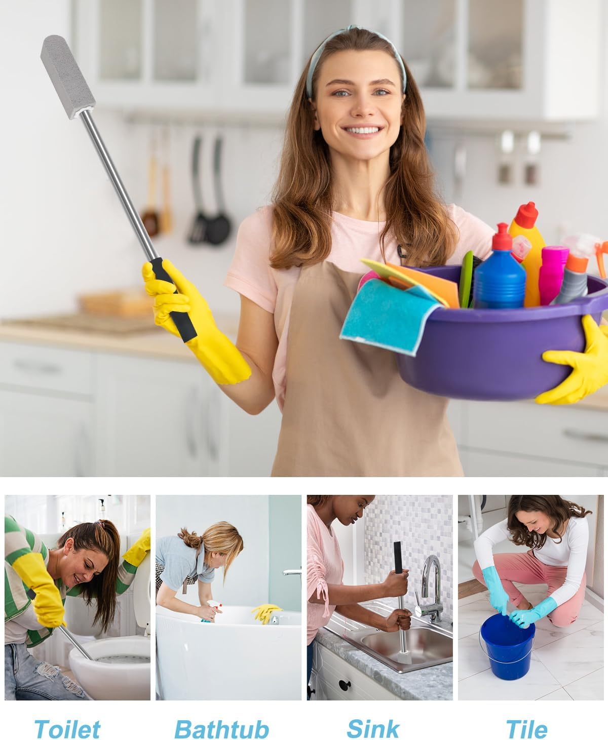 6 Pack Pumice Stone Toilet Bowl Cleaner with Long Stainless Handle - 22" Longer Pumice Stone for Cleaning - Hard Water Ring Stains Remover Brush for Toilet, Bathroom, Kitchen, Sink, Pool, Tile, Grill