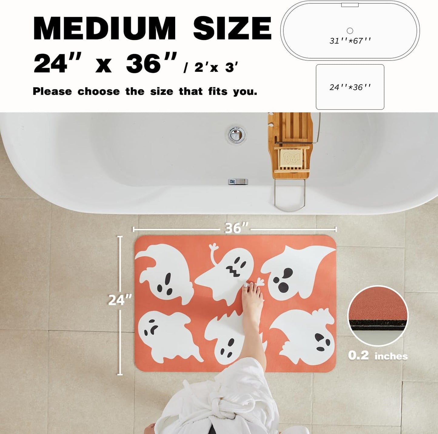 Halloween Bath Mat, Thin Halloween Bathroom Rug Non Slip Quick Dry Bath Mat Fits Under Door Thin Floor Mat Halloween Decor, 24''x36'', Cute Ghosts Orange