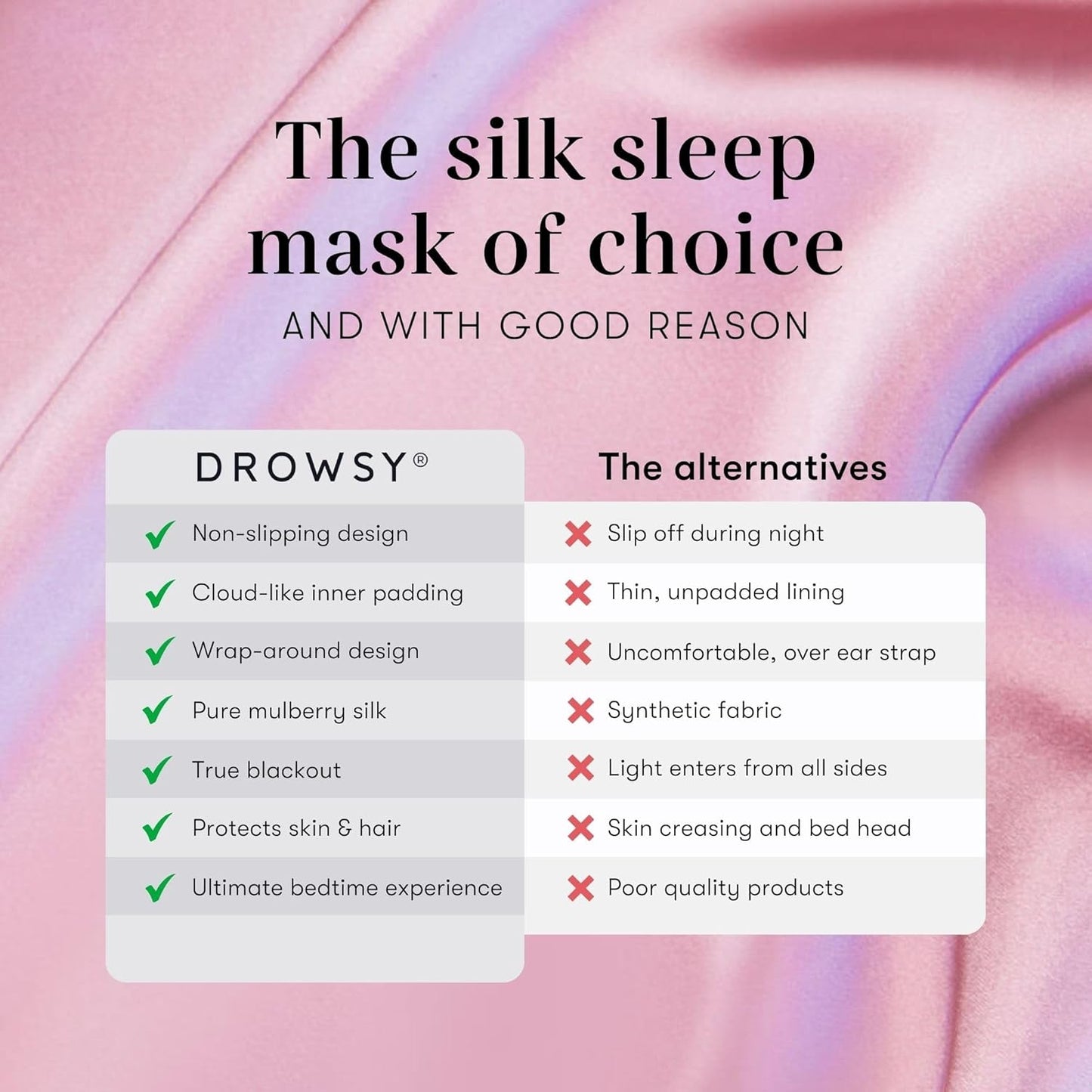 DROWSY Silk Sleep Mask - Face-Hugging, Padded Cocoon for Luxury Sleep in Total Darkness - 100% Pure Mulberry Silk (Damask Rose)