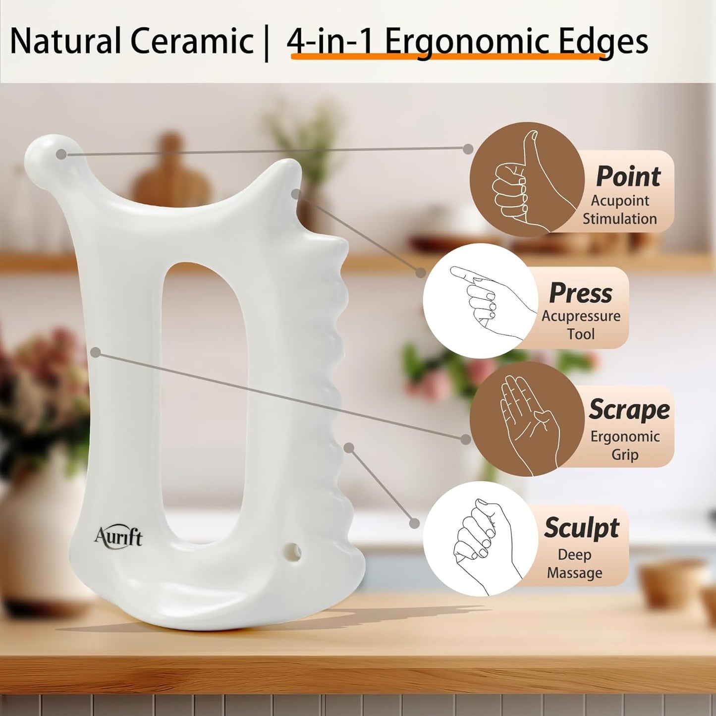 Ceramic Gua Sha Tool for Face & Body - 6 in 1 Manual Facial Massage for Lymphatic Drainage, Jaw Lifting, Puffiness Care, Neck Massage for Stress Relief - Home Self Care,Gift for Mum Wife White