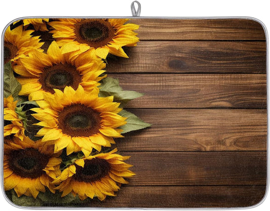 Dish Drying Mat Sunflower Wooden Board Large Drying Mat for Kitchen Counter 18x24in Absorbent Dish Drainer Rack Pad, Heat Resistant Coffee Bar Mats Countertop Protector