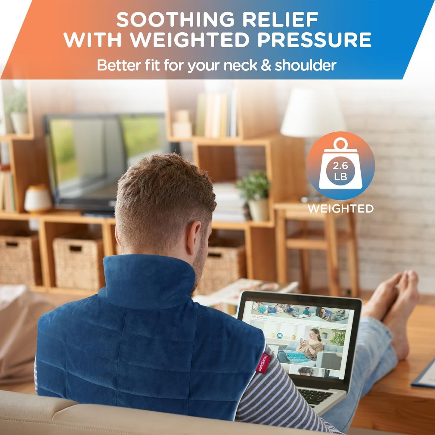 Comfytemp Heating Pad for Neck and Shoulders and Back, Weighted Electric Heat Pad for Pain Relief, 2.6lb Large Heated Wrap, 9 Heat Levels, 11 Auto-Off, Gifts for Women Men, Dark Blue