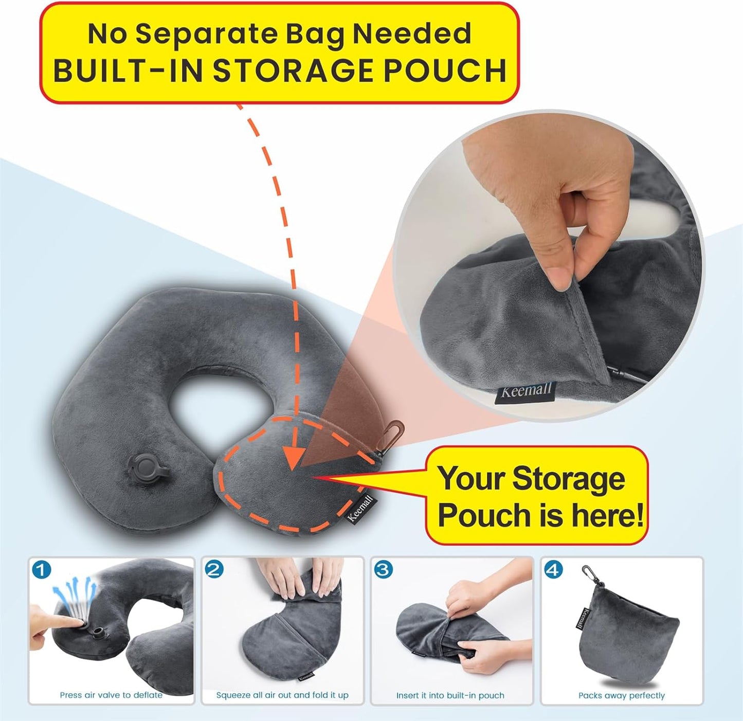 Inflatable Travel Neck Pillow, Super Soft Plane Neck Support Pillow for Travel Ariplane Sleep Support, Adjustable Neck Cushion Headrest Pillow, Folds Up Nicely, Black Grey