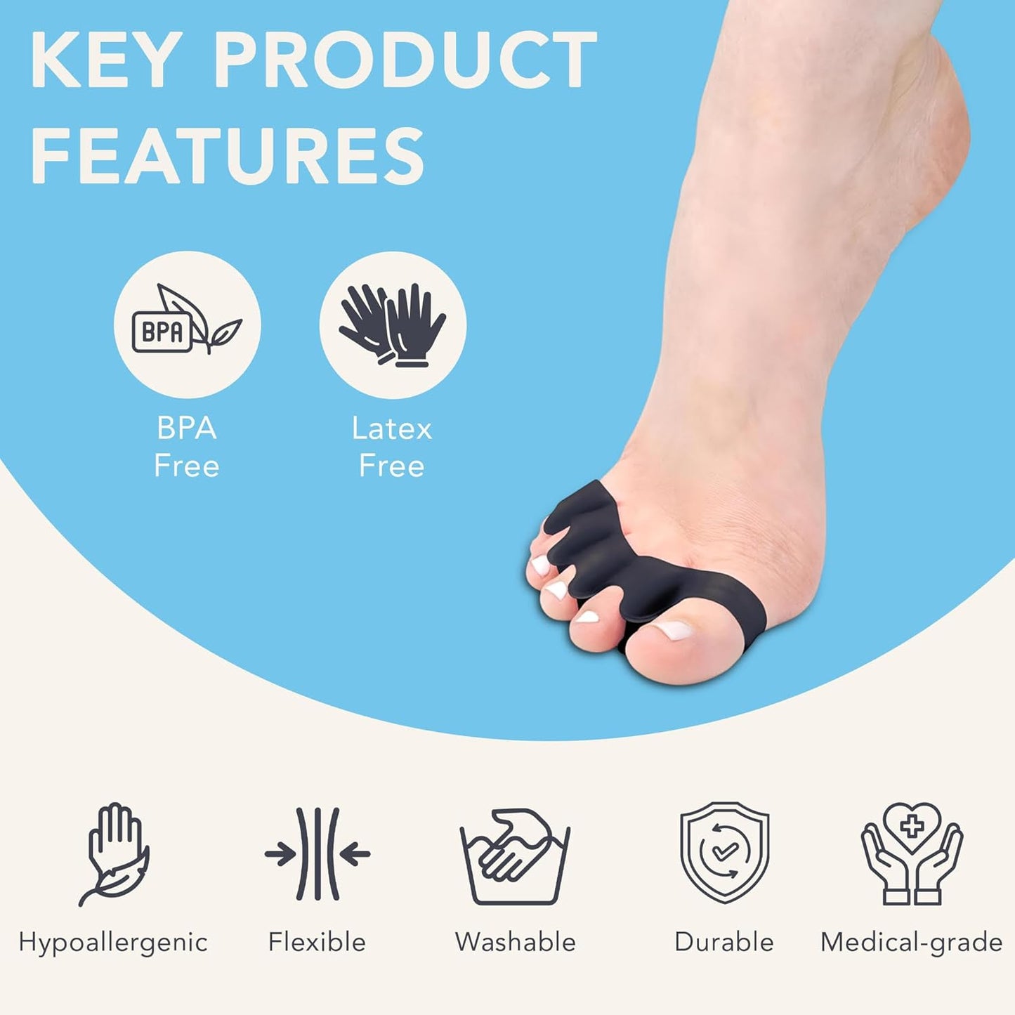 Toe Spacers - for Men and Women - Improve Balance and Align Toes to Their Natural Shape - Bunions, Hammer Toes, Enhanced Athletic Mobility - Toe Separators - Black