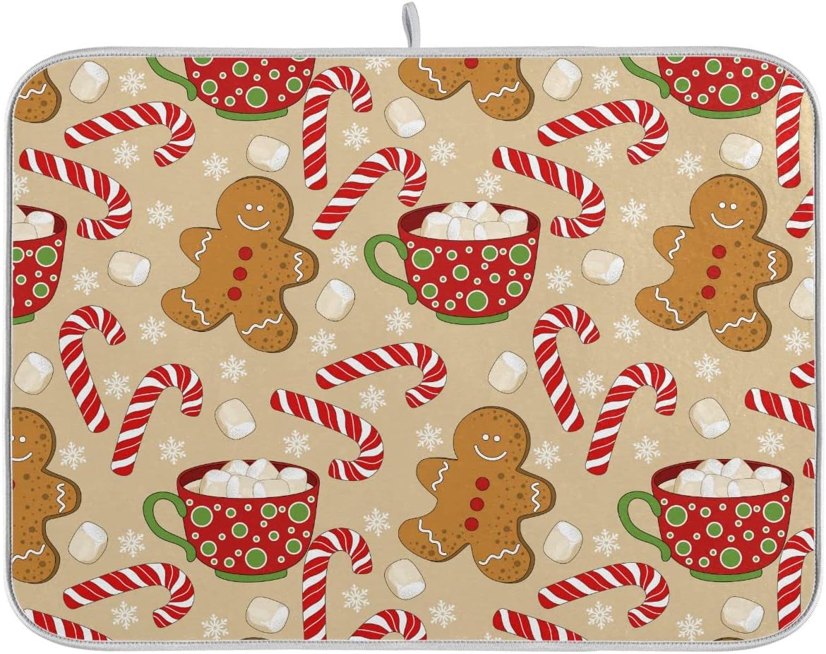 Christmas Gingerbread Man Candy Cane Dish Drying Mat for Kitchen Winter Snow Snowflake Snowman Xmas Microfiber Drying Mats Absorbent Reversible Dish Pad Medium Dish Draining Mat 16x18 inch