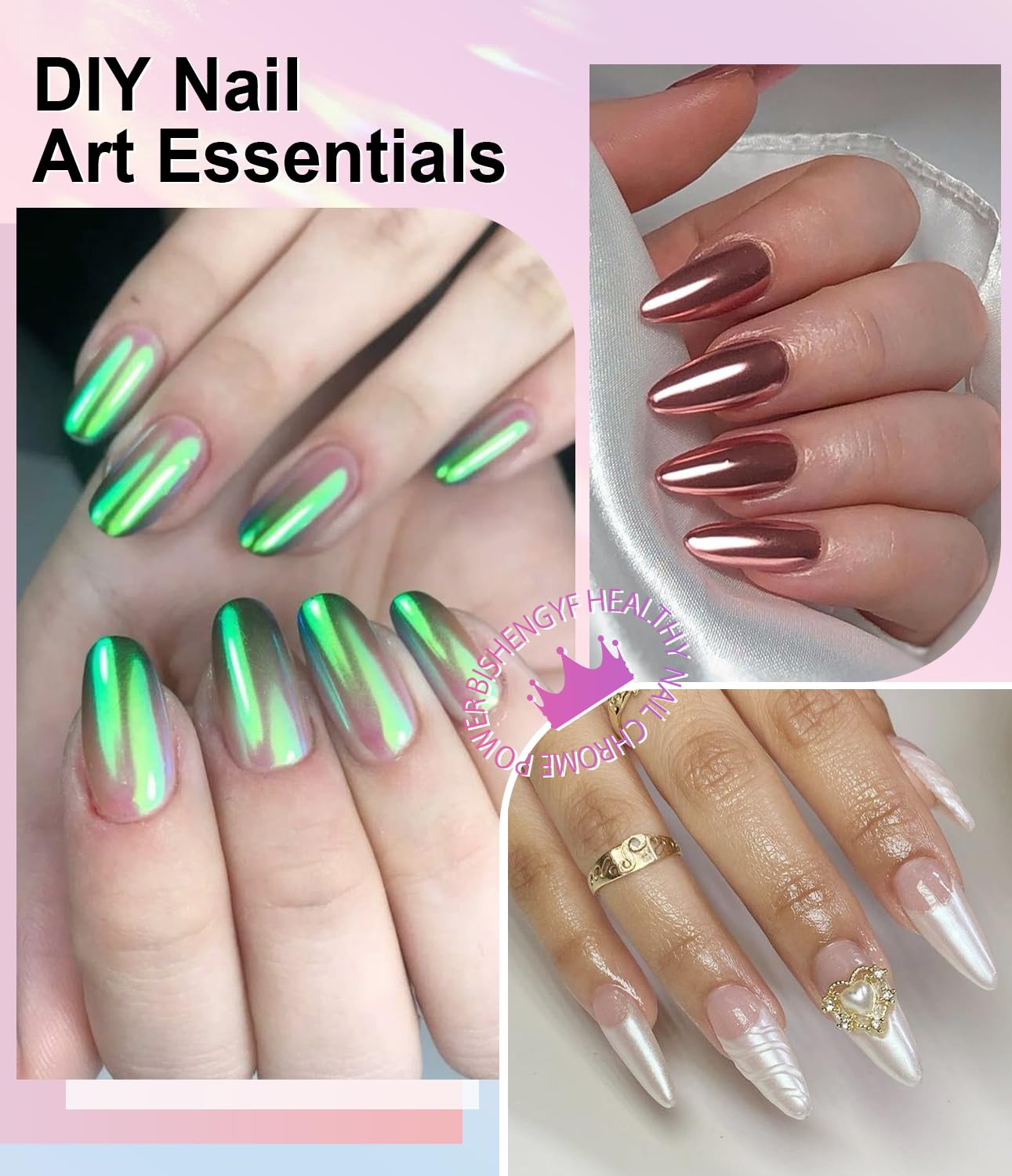 Mermaid Gold Chrome Nail Powder: 6 Colors Mirror Effec Green/Pearl Chrome Nail powder,Magic Mermaid Pink Chrome Nail Powder Pigment for Nail Art Design Home DIY（Laser/Silver）