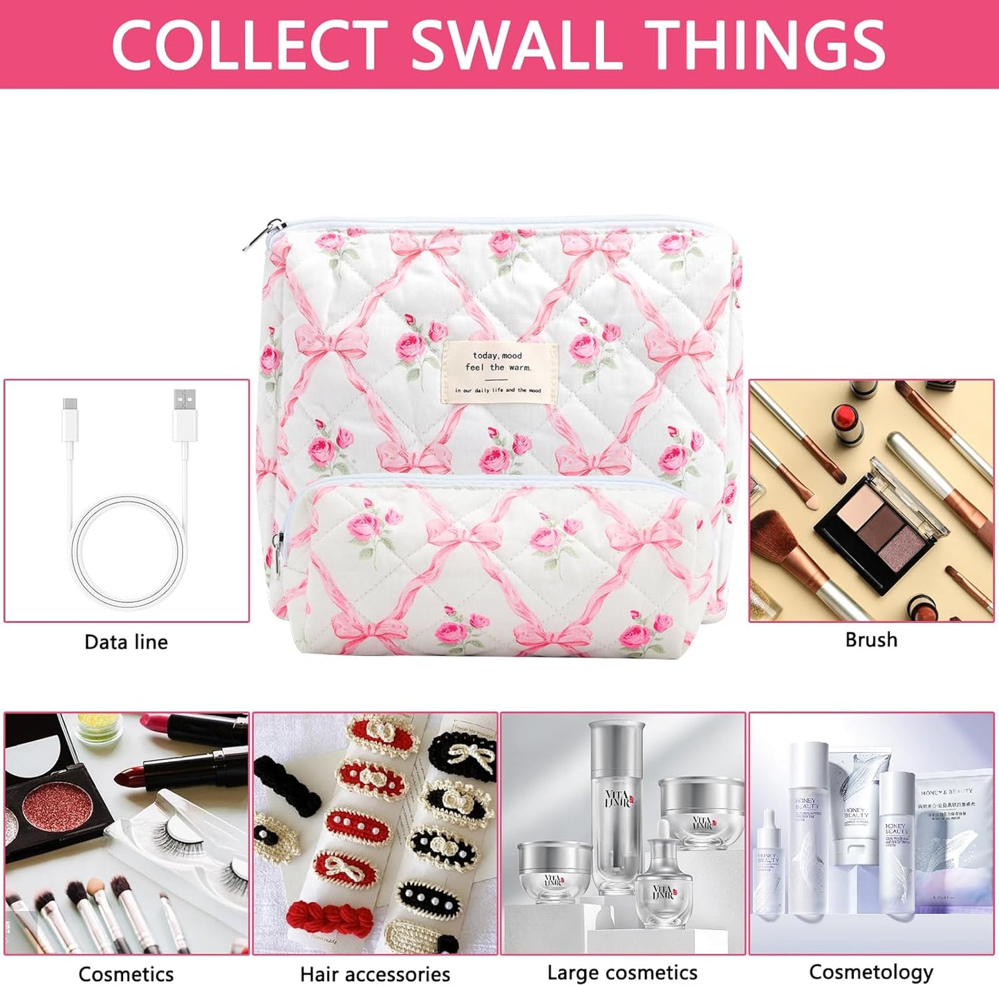 2Pcs Quilted Cotton Makeup Bag Large Travel Makeup Pouch Small Brush Holder Set for Women Cute Floral Coquette Makeup Bag Aesthetic Cosmetic Bag Pink Bow Toiletry Organizer Storage Bag Zipper Pouch